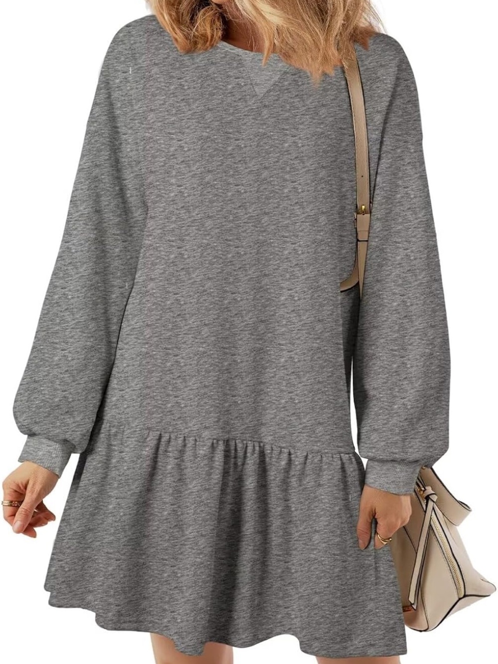 Women's Large Casual Grey Long Sleeve Ruffle Hem Dress